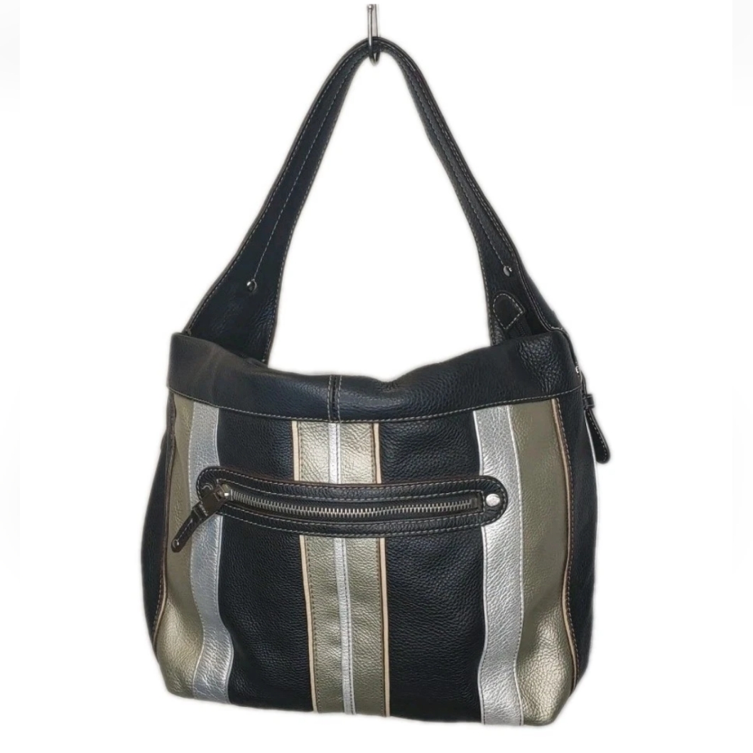 Tignanello Leather Purse Top Handle Bag Metallic Striped Black Silver Buckle Euc